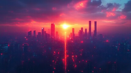 Fototapeta premium Stunning sunset over a futuristic city skyline, casting vibrant colors and reflections on glass buildings and urban landscape