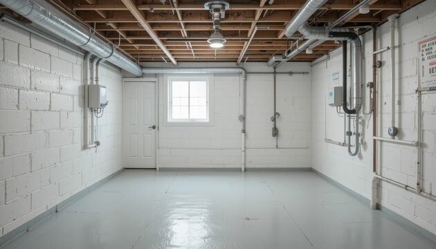 Spacious and Empty Basement with Clean Walls and Polished Floor