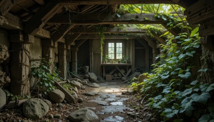 Abandoned Rustic Room with Overgrown Plants and Natural Light