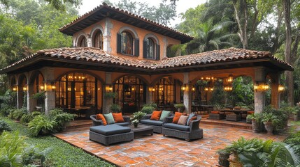 Obraz premium An elegant outdoor seating area highlighting a beautifully designed Mediterranean-style villa surrounded by lush greenery