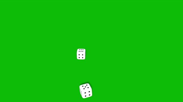 Two casino white dices rolling and landing on number 5 and 6 on green screen 3D animation