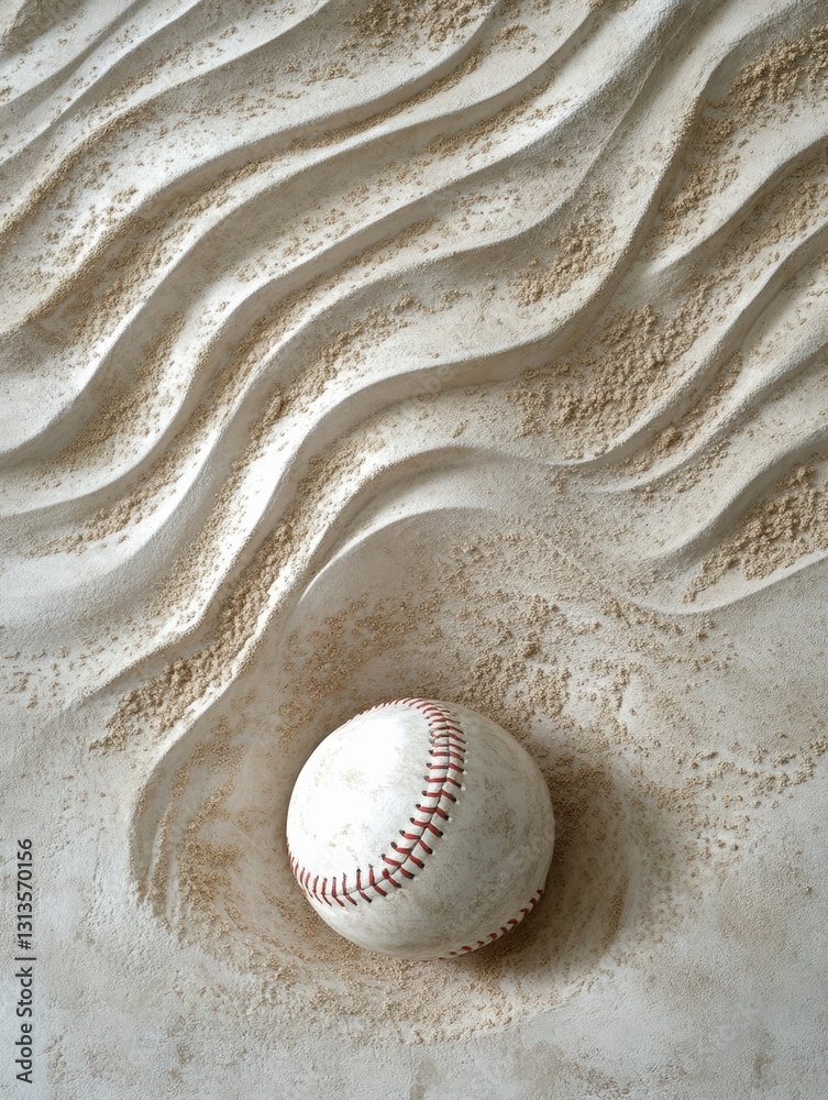 Poster Baseball resting in sandy field with unique textures and ample space for creative messaging above Generative AI