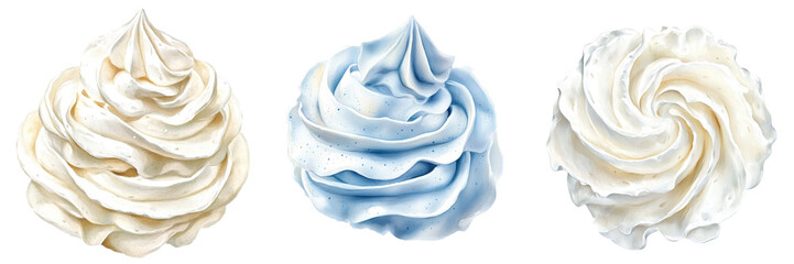 watercolor illustration Whipped cream swirls in three colors. on transparent cutout, PNG file