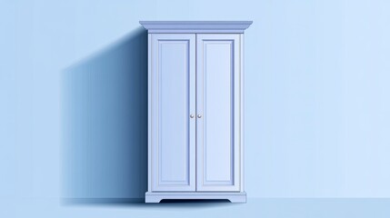 Light blue classic wooden wardrobe with two doors against a pale blue wall.