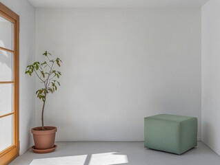 Bright minimalist interior with plant and green cube furniture in natural light