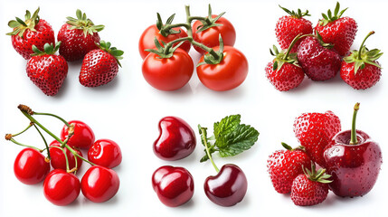 A collection of red fruits and vegetables including cherries, strawberries