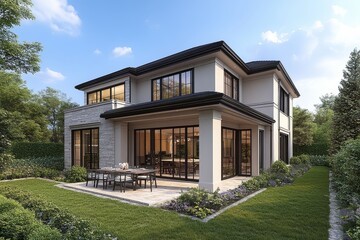 Modern two-story house with terrace, garden, dining area, large windows, black roof, gray walls, and white cladding, in a summer setting.