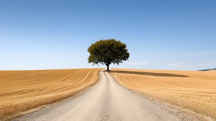 Obraz premium Solitary Tree on a Dirt Road in a Golden Wheat Field under a Clear Blue Sky