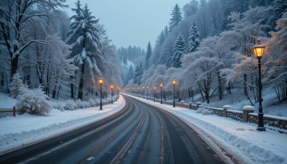 Snow-Covered Roadway in Winter Wonderland with Street Lights