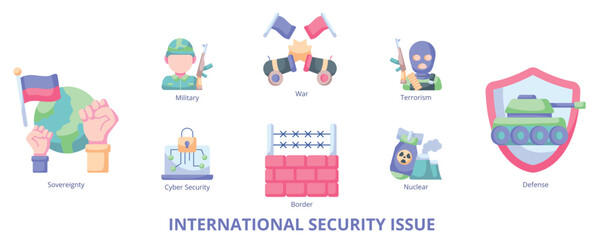 Fototapeta premium International Security Issue Flat Banner Web Icon Set Vector Illustration, Sovereignty Terrorism Border Defense Cyber Security War Nuclear Military 