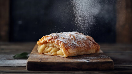 A freshly baked apple strudel resting on a wooden board