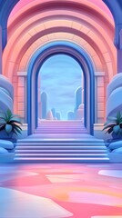 Fototapeta premium Arched doorway view of pastel steps leading towards distant towers and blue sky landscape at sunrise