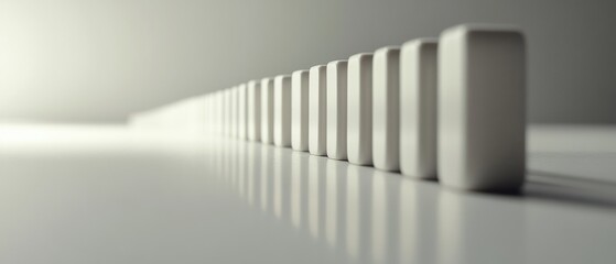 White dominoes lined up in a perfect row on a reflective surface with soft lighting creating an artistic and minimalistic composition