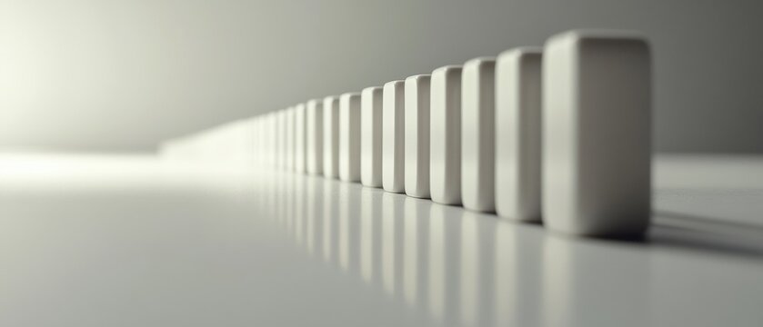 White dominoes lined up in a perfect row on a reflective surface with soft lighting creating an artistic and minimalistic composition - Powered by Adobe