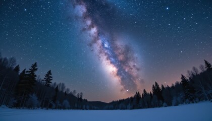 Stunning Night Sky Display Over Frozen Lake and Snowy Forest
