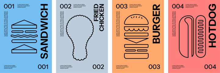 Minimal line art fast food poster series featuring sandwiches, fried chicken, burgers, and hotdogs with bold typography and colorful backgrounds.