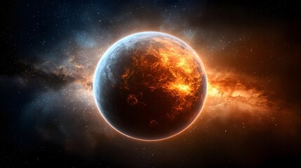 Fototapeta premium Fiery Planet in Cosmic Nebula Orange and Blue Hues Dominate