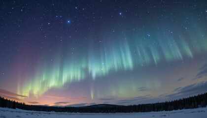 Majestic Northern Lights in a Starry Night Sky Over a Snowy Landscape