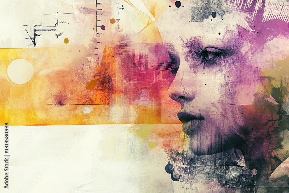 Poster mixed media artistry featuring a captivating profile with vibrant watercolor and digital textures in