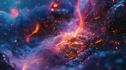 Obraz premium Abstract galaxy with swirling blue and orange particles. Digital artwork for design of cloud and smoke with starry sky with glowing start and planet in nebula or solar system. Universe design. AIG53.