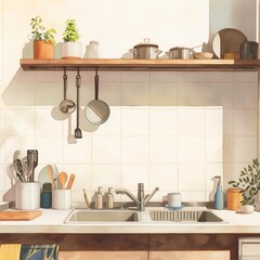 観葉植物とシンプルなキッチン｜温もりのある家庭空間