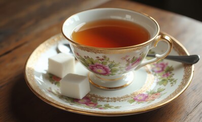 Elegant tea cup with sugar cubes