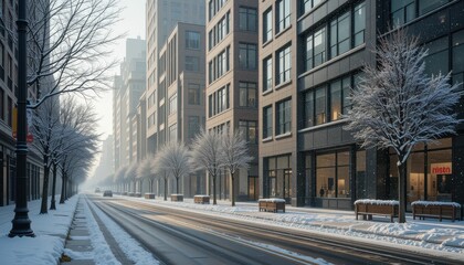 Snowy Urban Street Scene with Trees and Modern Buildings in Winter