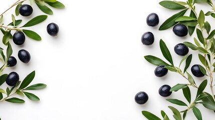 Ripe Black Olives and Branches on White Background: A Flat Lay Image AI Generated