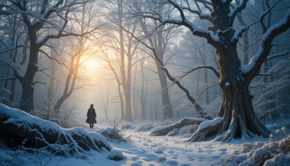 Serene Winter Landscape with a Solitary Figure in Snowy Forest