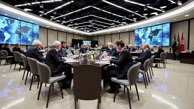 World leaders meet for strategic discussions in modern conference room with advanced technology and global mapping