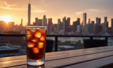 Chilled beverage with sunset view