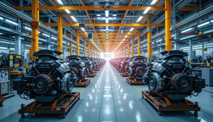 Fototapeta premium Industrial Engine Manufacturing Facility with Bright Illumination