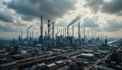 Obraz premium Industrial Cityscape with Smokestacks and Dramatic Cloudy Sky