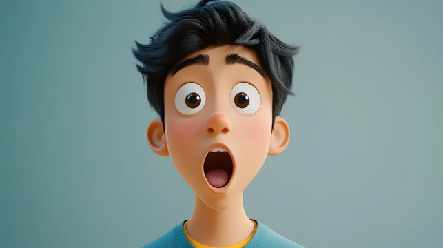 Surprised shocked Asian cartoon character young man with open mouth in 3D style on a light background. Human emotions concept