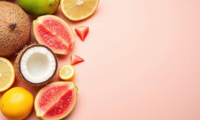 Fresh tropical fruits on pastel background