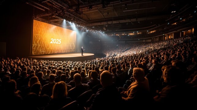 large audience fills a spacious venue, attentively listening to a speaker discussing advancements in technology and innovation projected for 2025, with bright lights illuminating the stage