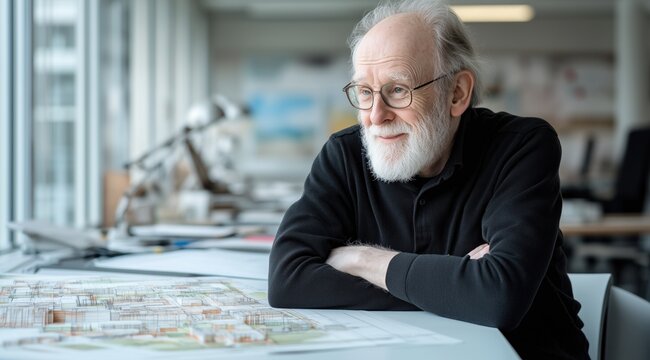 Senior architect sits with a thoughtful expression, reviewing detailed urban design plans on a table in a bright, contemporary office surrounded by architectural models and materials - Powered by Adobe