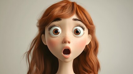 Fototapeta premium Surprised shocked cartoon character young girl with wide eyes in 3D style on a light background. Human emotions expression concept