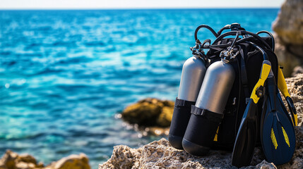 Scuba diving gear on rocky shore with blue ocean in background