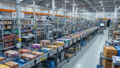 Fototapeta premium Modern Warehouse Automation with Busy Conveyor Belt System