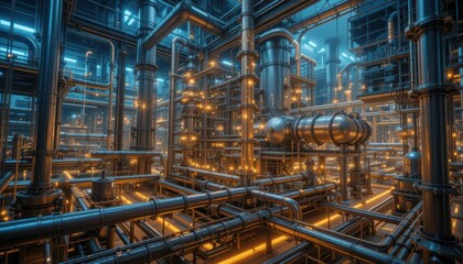 Fototapeta premium Industrial Pipe Network with Glowing Lights in a Modern Facility