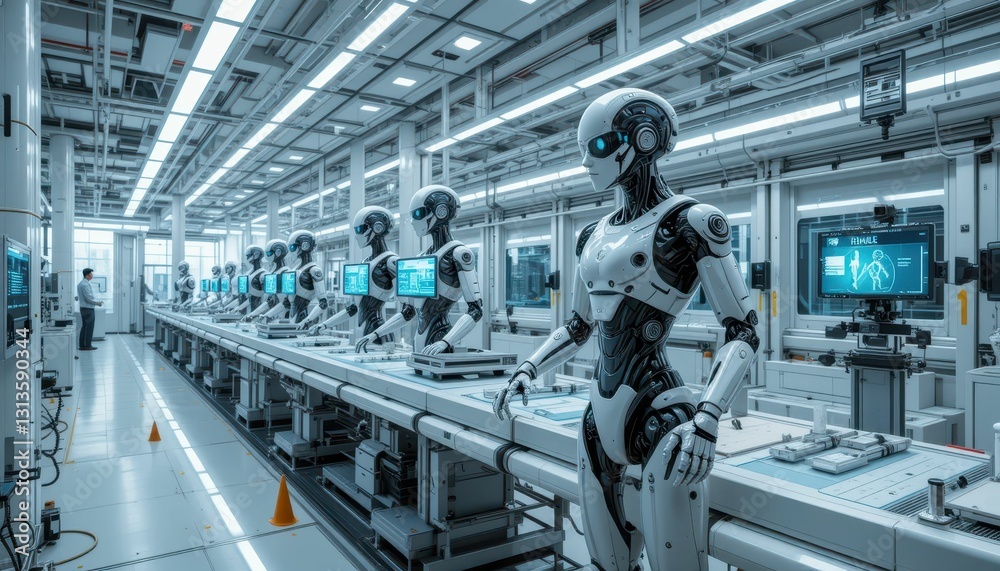 Poster futuristic factory with advanced robots and high-tech equipment