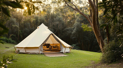 Luxury glamping tent in a serene forest setting