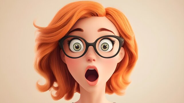 Surprised shocked cartoon character young woman with ginger hair and glasses in 3D style on a light background. Human emotions concept