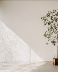 Bright indoor space featuring a decorative plant and play of light on a white wall