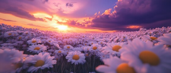 Scenic Landscape of Vibrant Wildflower Field Under Sunset with Dramatic Clouds and Glowing Sky Colors