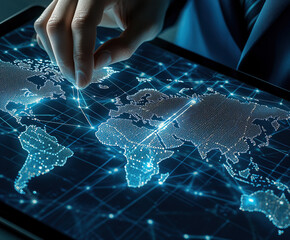 A futuristic holographic world map projected from a tablet with trade routes