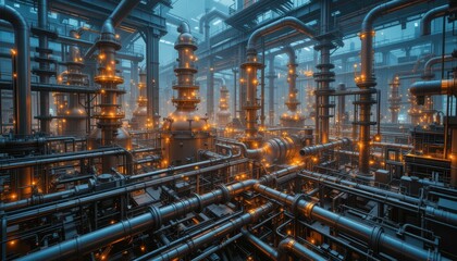 Fototapeta premium Intricate Industrial Pipelines in a Modern Factory Environment