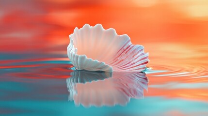 Fototapeta premium Seashell floats on rippling water, sunset reflection