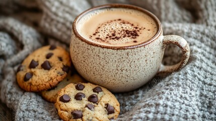 Cozy coffee and cookies on a knitted blanket